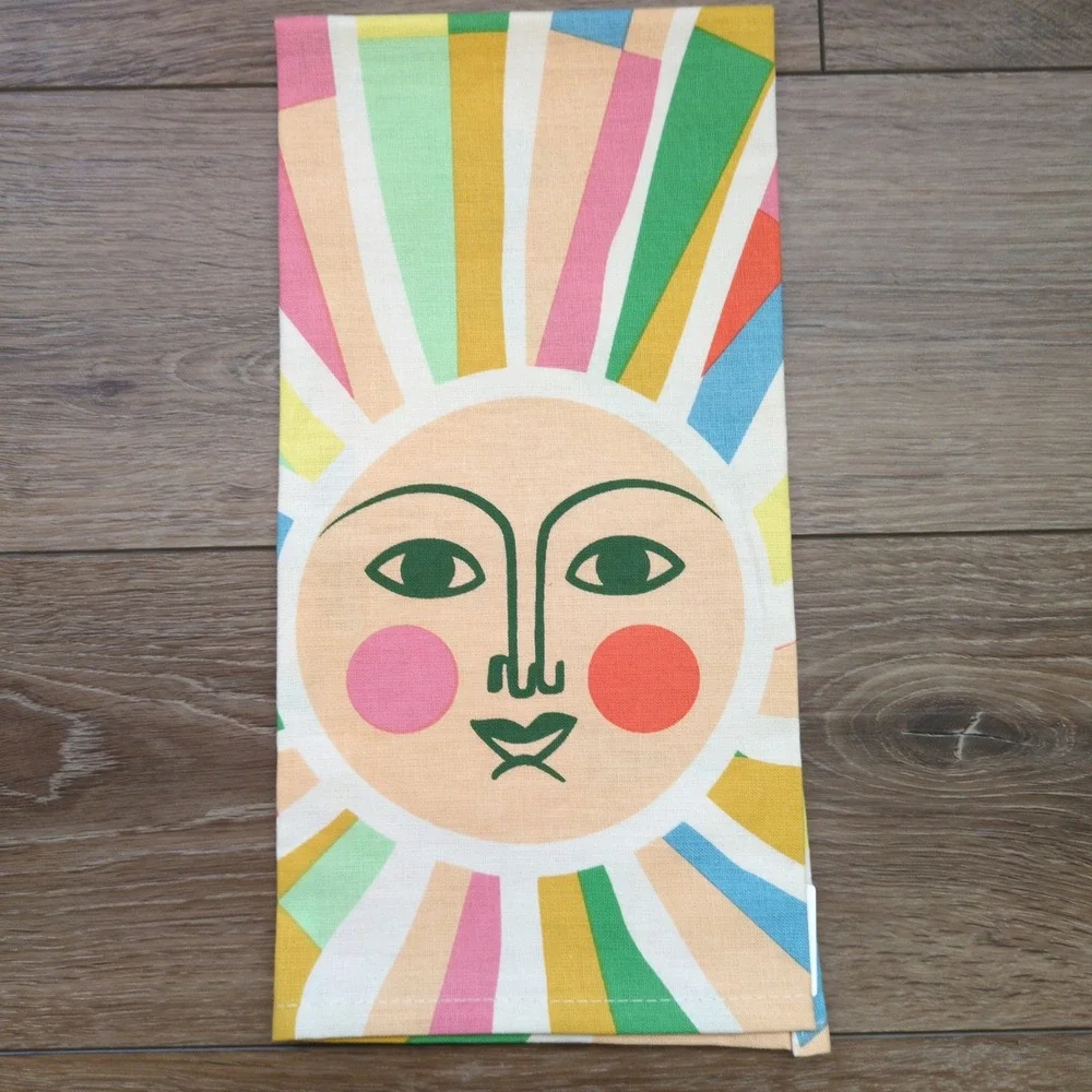 Anthropologie Celestial Sun Face Dish Tea Towel Multicolor Bright Boho Kitchen